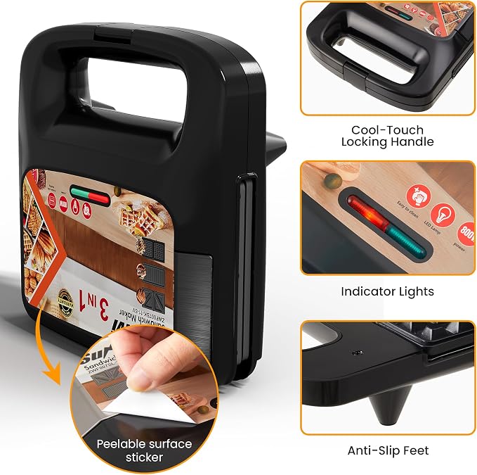 3 in 1 Electric Sandwich Maker with Removable Nonstick Plates - 800W,Black | for Belgian Waffle/Panini/Grill/Pancake Griddle/Breakfast,Dishwasher Safe,Cool Touch Handle,Easy to Clean & Store