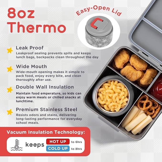 Bento Lunch Box for Kids with 8oz Thermo Containers for School,Camping | Vacuum Insulated Food Jar,Leakproof Silicone-Seal,5 Compartments with Dividers,Dishwasher & Refrigerator Safe,BPA-Free