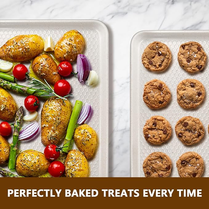 Wildone Baking Sheet Pan Set of 2, Honeycomb Embossed Nonstick Cookie Sheet | Thicker Carbon Steel Half Sheet Pan Oven Tray 17.5x12 Inch, Heavy Duty & Easy Clean, White