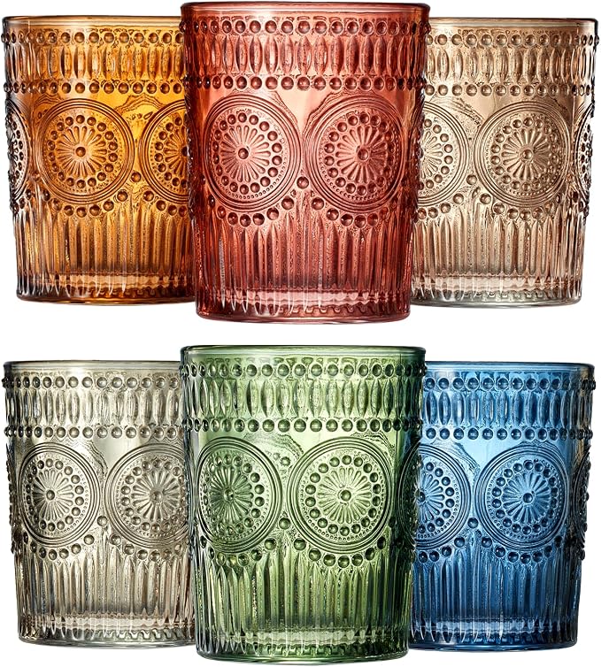 Beautiful Colored Tumbler Drinking Glasses | Set of 6 | Crystal, 10oz - Vintage Drinking Cup, Luxury Multi Color Glassware Gift Set Her, Wife & Mom, Him - Colorful Drinkware for Water, Wine, Cocktail