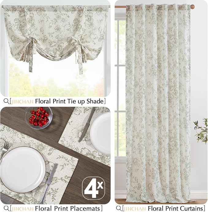 JINCHAN Alice Linen Floral Placemats Set of 4 Farmhouse 13x19 Inch Green | Fabric Placemats, Cottage Style, Floral Line Art, Machine Washable, Easy to Store, Reusable