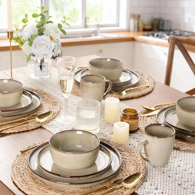 GBHOME Dinnerware Sets for 4, 12 Pieces Ceramic Plates and Bowls Set | Scratch Resistant Stoneware Dishes Set, Dishwasher & Microwave Safe, Reactive Glaze-Oatmeal