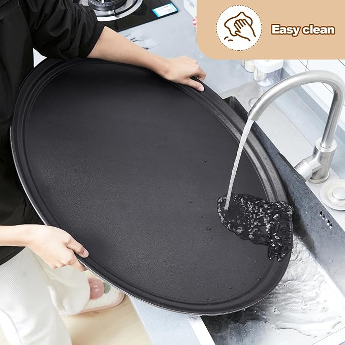 FillTouch 2 Pcs Restaurant Serving Trays PP Plastic Non Slip Rubber Lined Large Oval Tray for Kitchen Dining Room Cafeterias Fast Food Service (27 x 22 Inch,Black)