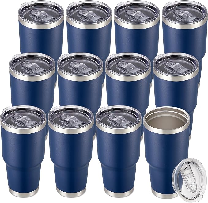 30 oz Tumbler with Lid Stainless Steel Tumblers Bulk, 12 Pack | Vacuum Insulated Cup, Leak Proof Lid, Powder Coated Travel Mug, Double Wall, Keep Cold Drinks for 12 Hours, Navy