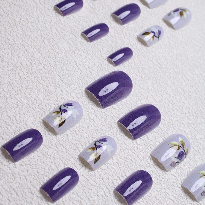 24 Pcs Fall Press on Nails Medium Square Fake Nails with Flower Full Cover Designs Nails Press ons Purple Glue on Nails Glossy Stick on Nails for Women
