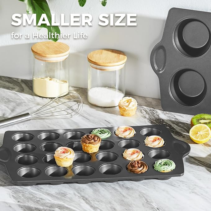 Mini 24 Muffin & Cupcake Pans with 240 Liners, Nonstick, Non-toxic | Heavy-duty Small Cheesecake Tray with Ear Shaped Wider Grips, 1.8dia, Grey, Premium