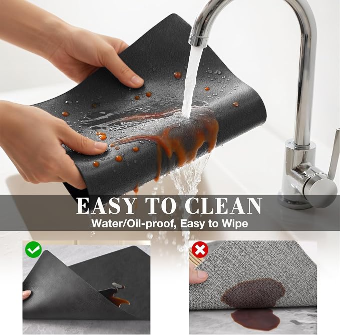 Roxifina Faux Leather Placemats Set of 6 - Vinyl Placemats Wipeable Waterproof Oil-Proof PU Place Mats Heat Resistant Reversible Table Mats for Dining, Kitchen, Outdoor, 12 x 17 Inch (Washed Black)