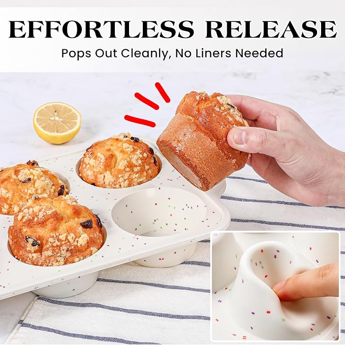 2 Pcs Jumbo Muffin Pan with Metal Frame Nonstick 6 Cup Extra Large Silicone Cupcake Pan for Baking, Deep Jumbo Muffin Tray for Egg Bites Muffins, Confetti Color Cream Gifts for Mom Home Baker