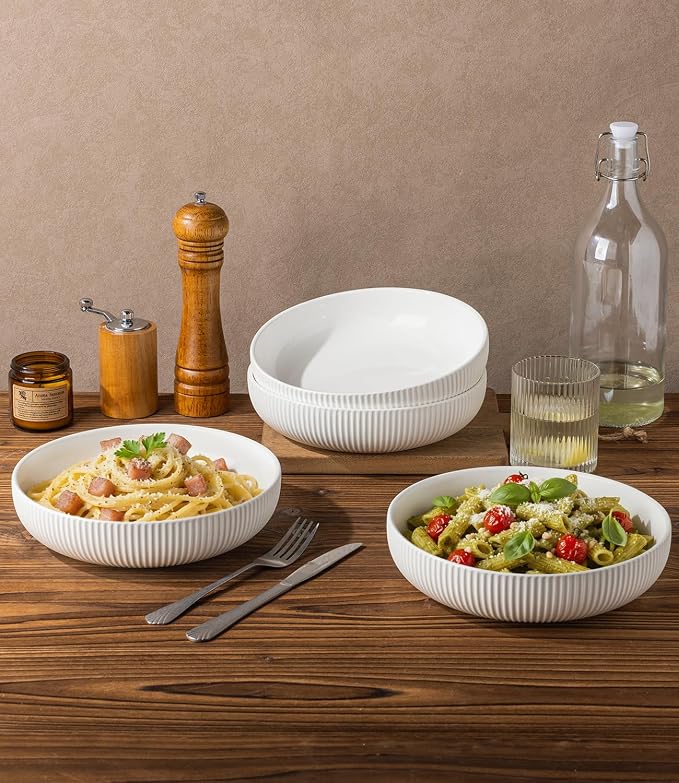 8.5" Ceramic Pasta Bowls Set of 4, Salad Bowls | Versatile Serving Bowls for Pasta, Salad, Fruit & Noodles, Housewarming & Wedding Gift, Bright White