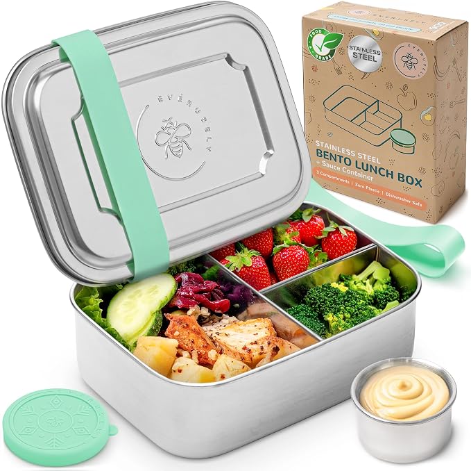 Stainless Steel Bento Box + Condiment Container - Green, 37oz / 1.1 L | Everusely metal lunch box, leakproof sauce container, 3 compartment snack organizer for travel, freezer & dishwasher safe