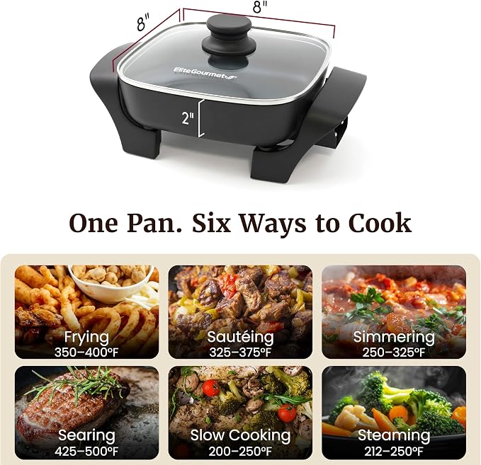 Elite Gourmet EG808C PFAS-Free Ceramic Electric Skillet, 2.5Qt, Black | Compact 8"x8", Removable Thermostat, 200-400°F Range, Tempered Glass Vented Lid, Dishwasher Safe, One-Pot Meals