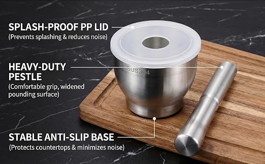 304 Stainless Steel Mortar and Pestle Set with Splash Guard Lid