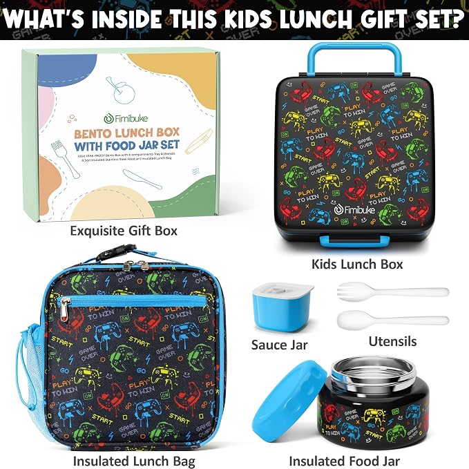 Fimibuke 60oz Kids Bento lunch Box with Insulated Lunch Bag & 8.5oz Thermo | Leakproof 3-4 Compartment Toddler Kids Lunch Box Food Container w/ Utensils, Sauce Cup for School Boys Girls, Dishwasher Safe
