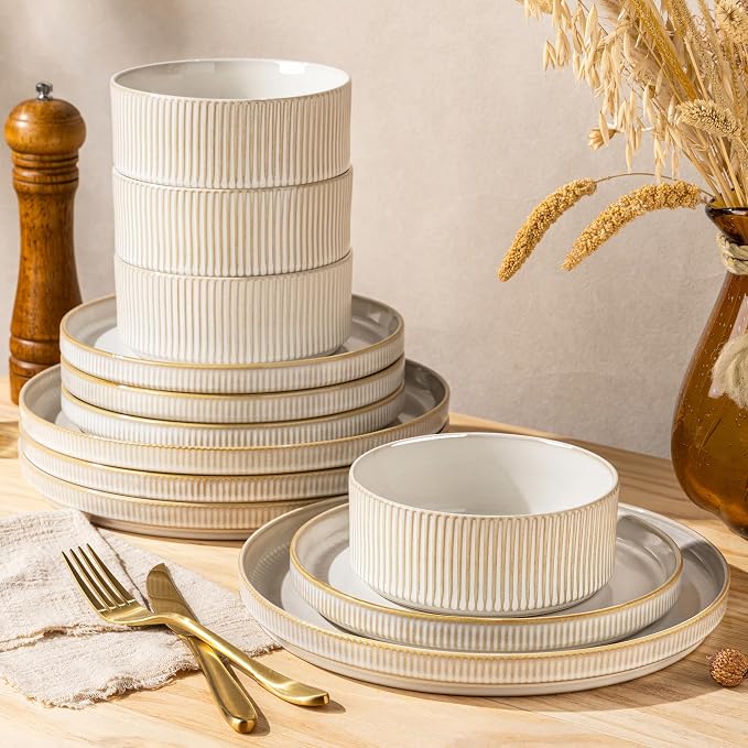 GBHOME Stoneware Dinnerware Sets for 4, 12 Pieces Plates and Bowls Set | Lightweight Ceramic Ribbed Dishes,Reactive Glaze Stackable Plate Set,Scratch Resistant,Microwave Dishwasher Safe,VanillaLatte