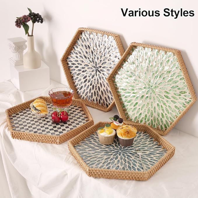 Hexagon Rattan Tray with Mother of Pearl Inlay, Rattan Serving Tray for Coffee, Bread, Fruits, Snacks, Decorative Wicker Tray for Table Decor, Home Decor (Light Blue Leaves, 14.5"×12.8")