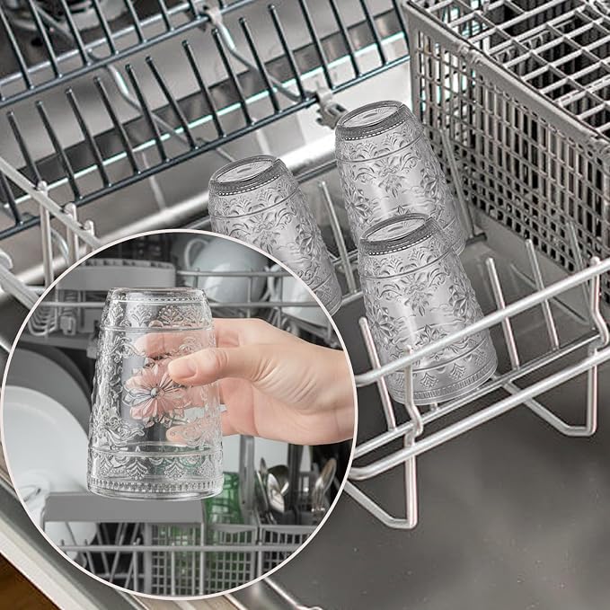 abrwyy Clear Glasses Drinking Set, 14oz Water Glasses, Vintage Glassware | Dishwasher Safe, Non-Slip, Lead-Free Glass, Home Decoration