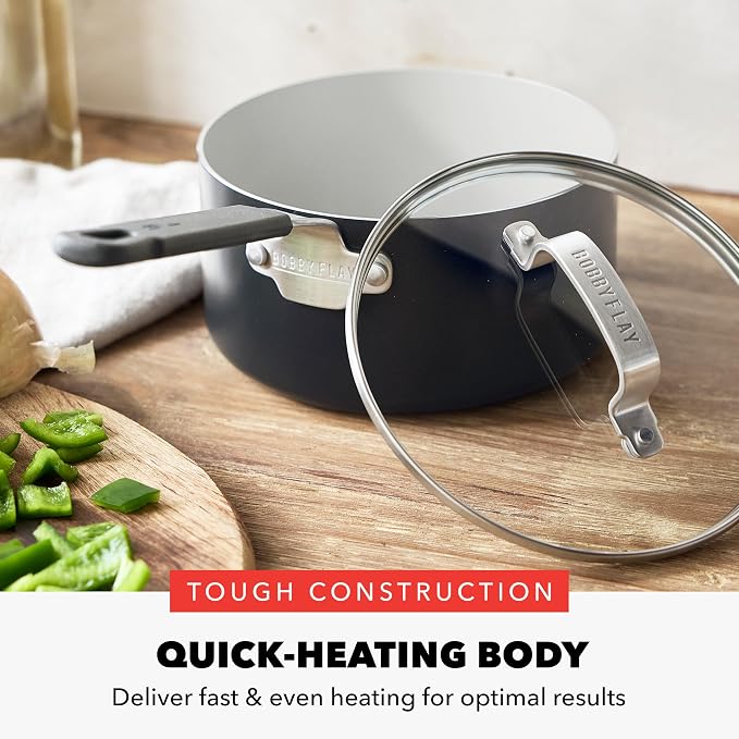 GreenPan x Bobby Flay 2.5QT Ceramic Nonstick Saucepan with Lid, Graphite | PFAS-Free Diamond Ceramic Nonstick Chef Pan, Silicone Handle, Induction & All Stovetop Compatible, Dishwasher and Oven Safe