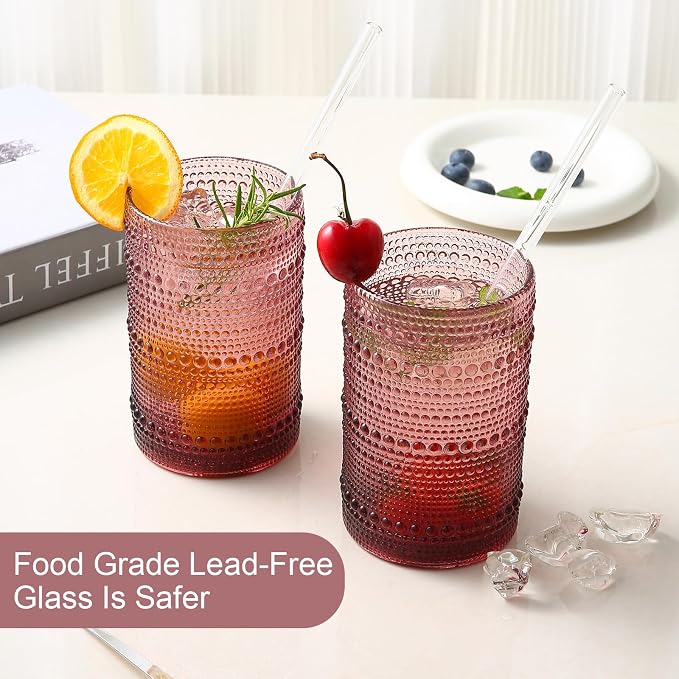 ZMOWIPDL Drinking Glasses Set of 6,15 oz Purple Hobnail Glass Cups | Vintage Glassware，Embossed Water Tumbler,for Beer,Cocktail,Whiskey,Juice and Various Mixed Drinks- 1 Cleaning Brush