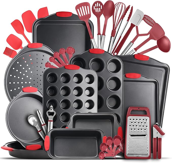 Eatex Nonstick Bakeware Sets with Baking Pans Set, 39 Piece Baking Set with Muffin Pan, Cake Pan & Cookie Sheets for Baking Nonstick Set, Steel Baking Sheets for Oven with Red Kitchen Utensils Set