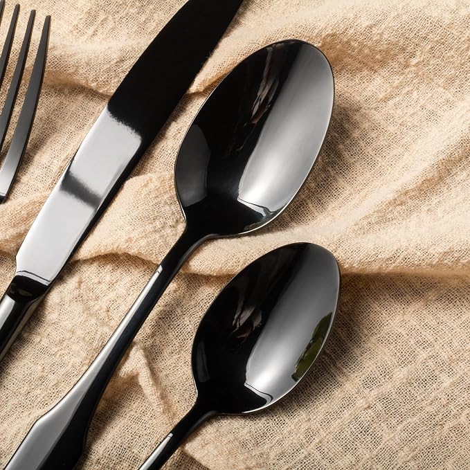 Alata Kate Black Mirror 20-Piece Silverware, Service for 4, Stainless Steel Flatware, Mirror Polished Cutlery, Dishwasher Safe