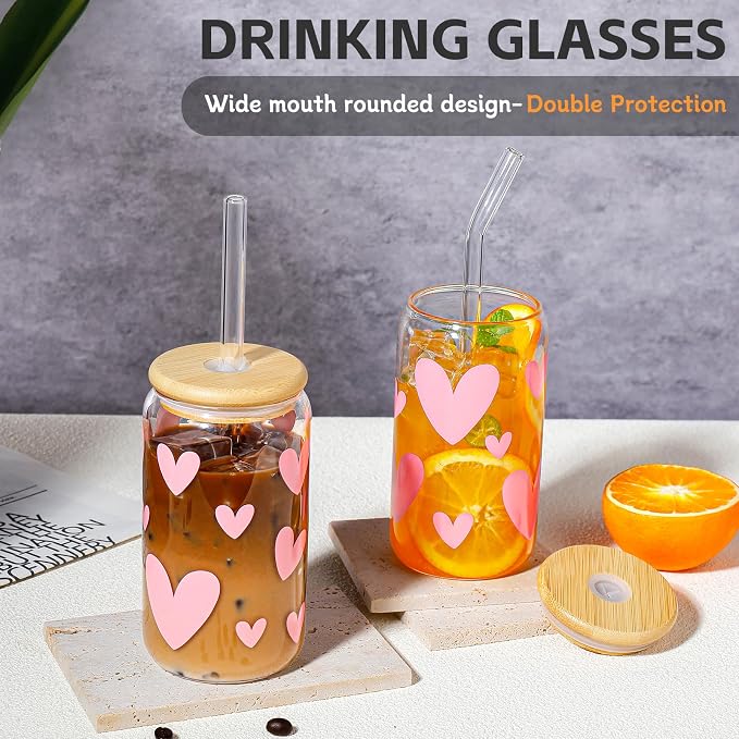 DWTS DANWEITESI Glass Cups with Lids and Straws with Design Pink Hearts 4 pcs,Clear Glass Cups 16 oz-Glass Tumbler,Cute Glass Iced Coffee Cups with Lids and Straws 480ml