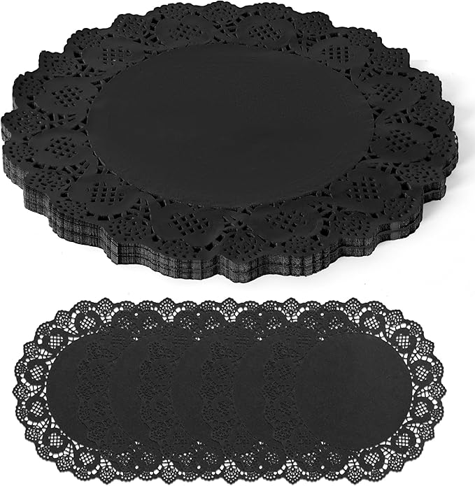 300 Pack 13.5 Inch Round Black Paper Doilies, Disposable Lace Placemat | Rustic Scallop Doily Table Pads, Heavy-Duty Paper Place Mats for Cakes, Crafts, Parties, Weddings, Buffet, Home Decor