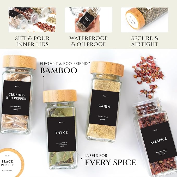 Thick Glass Spice Jars With Bamboo Lids 4 oz, Waterproof Labels, 36 Pack | Empty Spice Bottles With Sift / Pour Shaker Inserts, Airtight Lids And Collapsible Funnel. 200 Pre-Printed Labels, 40 Blanks