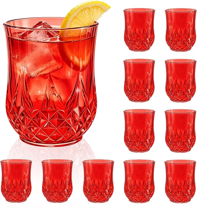 12 Pack Plastic Stemless Wine Glasses, 12oz Unbreakable Wine Cups | Reusable Fancy Vintage Drinking Glass Bulk for Cocktail, Whiskey, Juice, Elegant Decor for Wedding, Party & Holiday Events