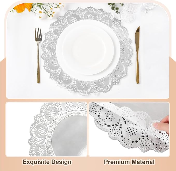 100 Pack 13.5 Inch Round Silver Paper Doilies, Disposable Lace Placemat | Rustic Scallop Foil Doily Table Pads, Heavy-Duty Paper Place Mats for Cakes, Crafts, Parties, Weddings, Buffet, Home Decor