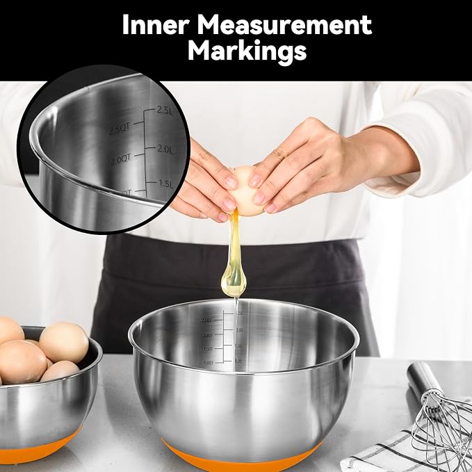 KITEISCAT Stainless Steel Mixing Bowls with Lids – Set of 5 Large Nesting Metal Bowls for Kitchen, Baking, Cooking, Food Prep & Storage, Non-Slip Base, Dishwasher Safe,Orange