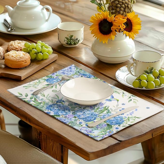 Blue Hydrangea Placemats Set of 4 Spring Summer Floral Green Leaf Bird Table Mat 12x18 Inch Rustic Daisy Flowers Hummingbird Place Mats for Party Kitchen Dining Outdoor Indoor Decor