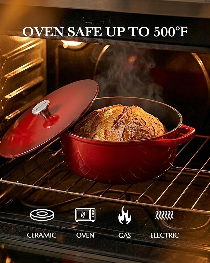 Dutch Oven Pot with Lid, 6QT Enameled Cast Iron Dutch Oven for Sourdough Bread Baking, Braising & Roasting, Dual Handle, 500℉ Oven Safe, All Cooktops Compatible, Cerise