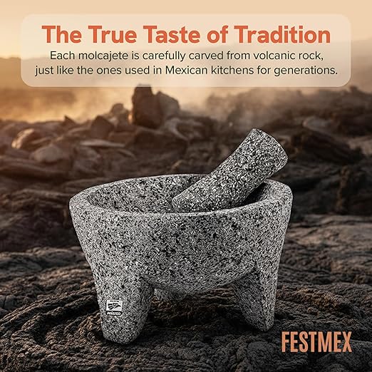 Genuine Handmade Mexican Mortar and Pestle Set- 8 Inches, Molcajete Mexicano — Mexican Cookware Perfect as Salsa Bowls, Guacamole Bowl and Masher, Mortero Para Cocina made from Volcanic Rock in Mexico