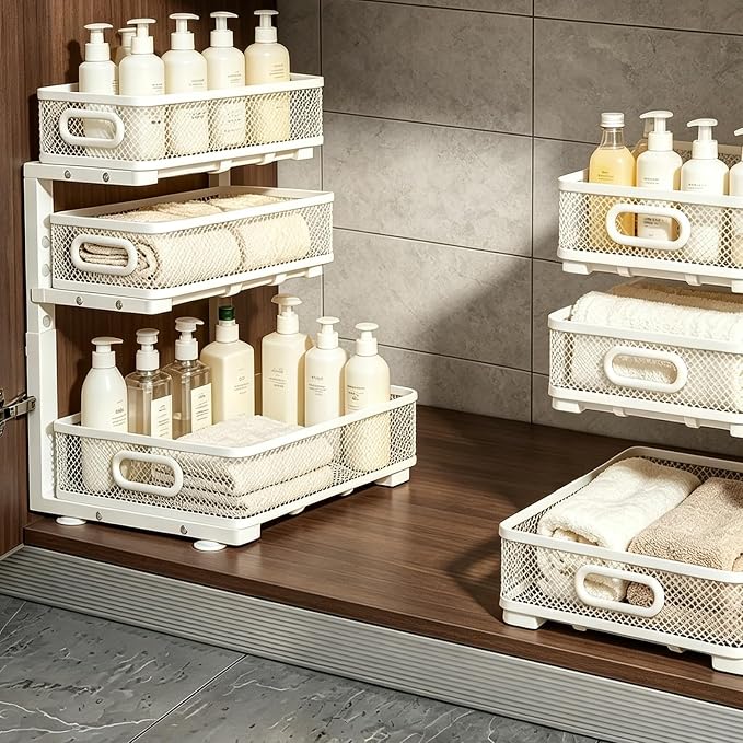 1 Pack 3 Tier Under Sink Organizer with Pull Out Drawer, Height Adjustable Heavy Duty Metal Under Cabinet Organizer, Smooth Sliding Storage Shelf for Kitchen, Bathroom Cabinet Organization, White