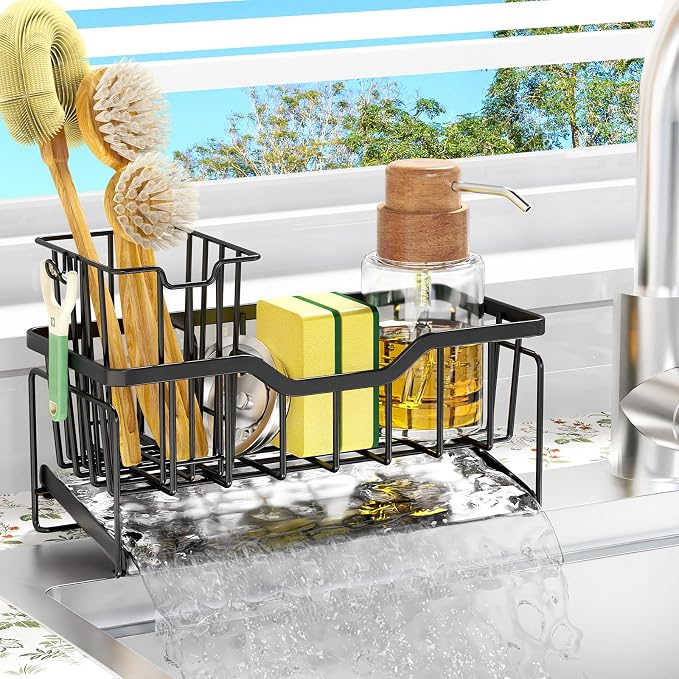 StorageRight Sponge Holder for Kitchen Sink, Stainless Sink Caddy Organizer | Rustproof Kitchen Sink Organizers with High Brush Holder & Self Drain Tray, Anti-Slip Kitchen Countertop Storage Essentials