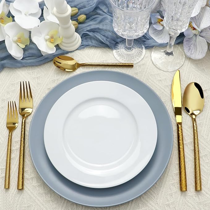Gold Silverware Set 40 Piece Hammered Round Handle Service for 8 | 18/10 Stainless Steel Flatware Set, Heavy Duty Utensil, Cutlery Set for Home Party Wedding, Mirror Polished Dishwasher Safe