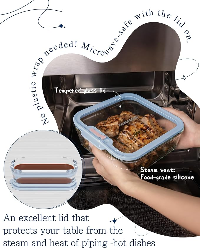 1-Pack Glass Food Storage Containers with Tempered Lids, 5.7Cup Borosilicate Glass Meal Prep Containers, Airtight & Oven-Safe (-4°F~950°F), BPA-Free, （Light blue）