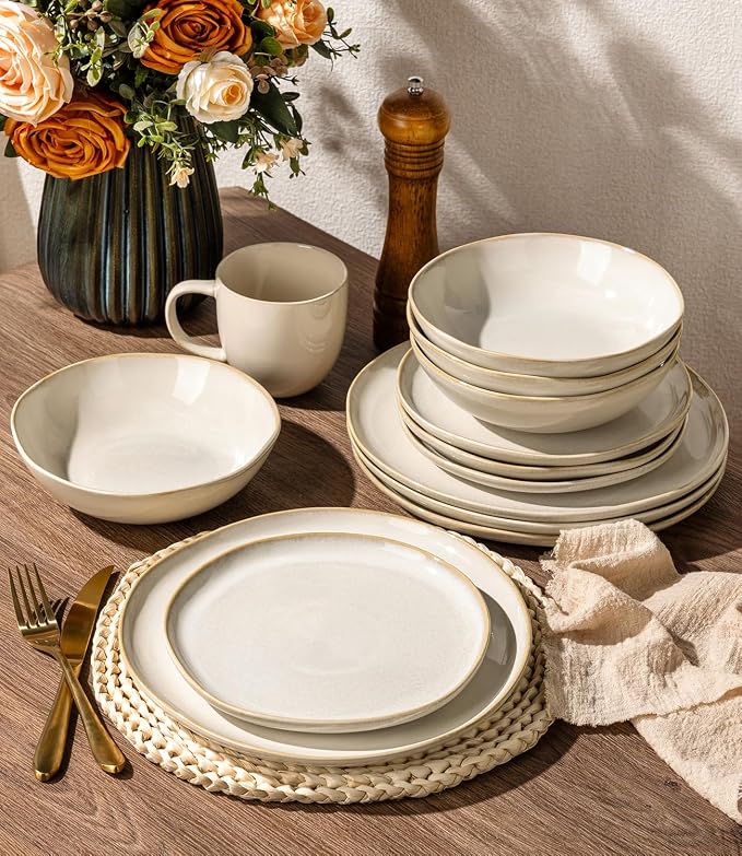GBHOME Stoneware Dinnerware Sets for 8,24 Piece Rustic Plates and Bowls Set | Earthenware Handmade Reactive Glaze Plate Sets, Chip Resistant Ceramic Dishes, Microwave & Dishwasher Safe, Vanilla Cream
