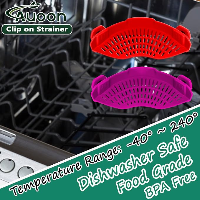 AUOON Clip On Strainer Silicone for Pots, Standard 8.86 x 3.55in, Purple | Food-grade BPA-free, Fits Pots Pans Bowls, Dishwasher Safe, for Pasta Noodles Vegetable Fruits, Space-saving Kitchen Gadget