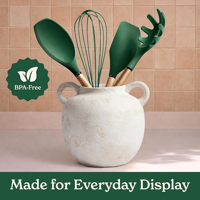 Country Kitchen Non Stick Silicone Utensil Set with Rounded Wood Handles for Cooking and Baking, 8 Piece Set, Green