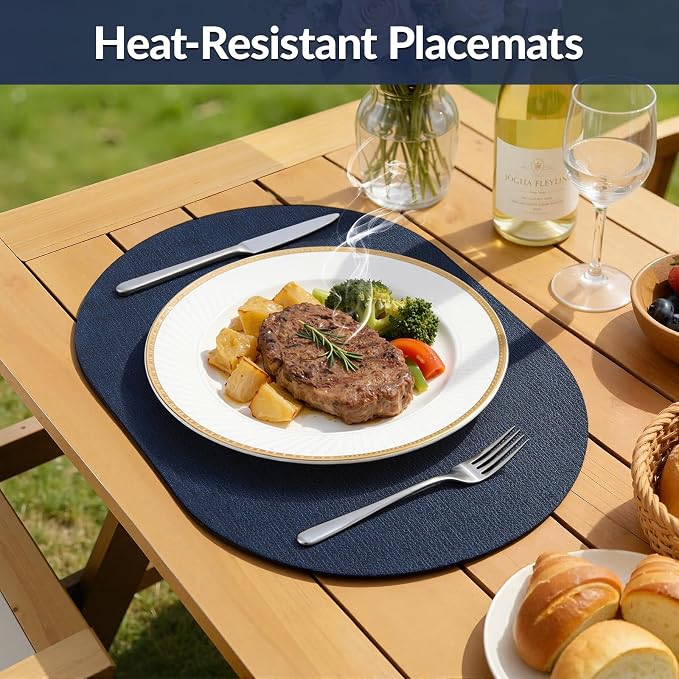Placemats Set of 6, 11.8 x 17 Inch, Navy | Heat Resistant Oval Faux Leather Place Mats, Waterproof Wipeable Reversible PU Placemat, Indoor & Outdoor