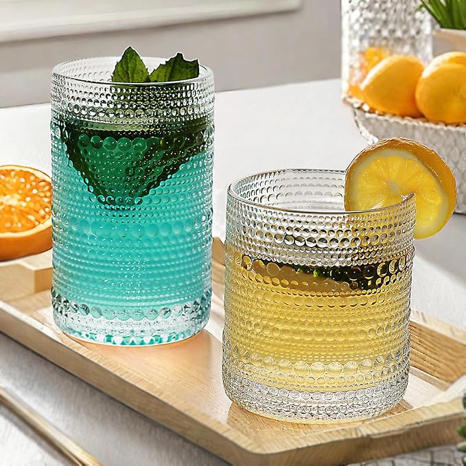 Clear Hobnail Driinking Glasses Set, Glassware Drinking Set of 8, 12 oz Highball Glasses & 10 oz Cocktail Glasses, Tumbler Glasses for Cocktails, Whiskey, Juice, Milk