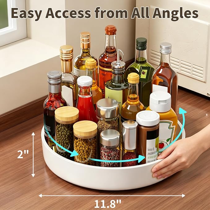 11.8" Lazy Susan Organizer for Cabinet, Turntable Spice Rack with Non-Slip Base & Raised Lip, Pantry Organization and Storage, Kitchen, Fridge, Makeup Vanity, Bathroom Countertop, Under Sink
