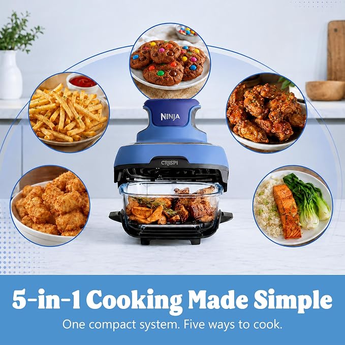 Ninja CRISPi 5-in-1 Portable Glass Air Fryer FN103CO Renewed Deco Bundle | Includes 6-cup, 2.5-qt and 4-qt glass containers, Deco knife set, cutting board, sharpener and unofficial recipe guide