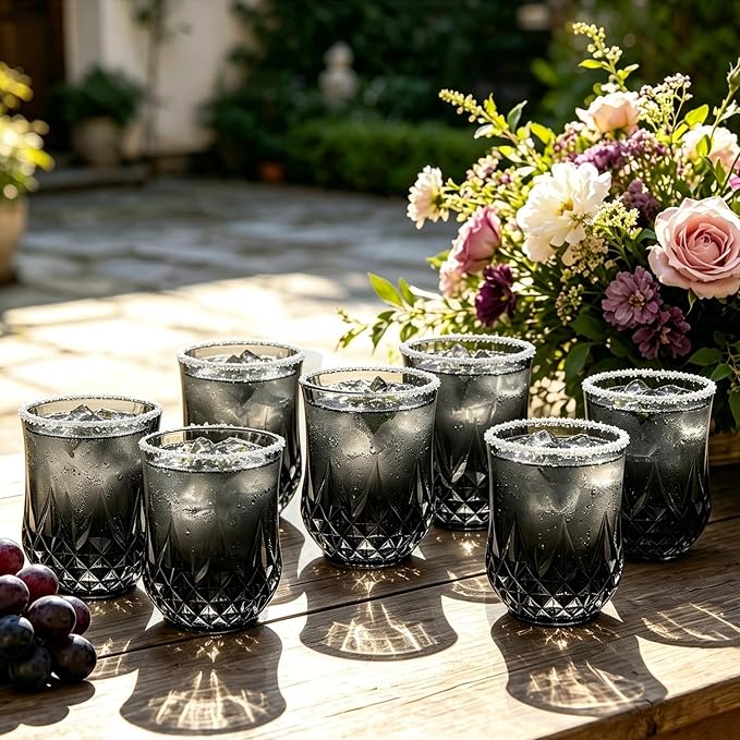 24 Pack 12 Oz Plastic Stemless Wine Glasses, Black | Unbreakable, Reusable, Elegant Vintage Design, Fancy Cocktail Cups, Whiskey, Champagne, Wedding, Party, Bars, Holiday Events
