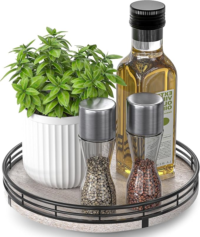 AMH 9-Inch Rustic Whitewashed Wooden Lazy Susan Organizer | Smooth rotating oak tray with walnut finish for dining tables, kitchen counters, pantries and cabinet storage.