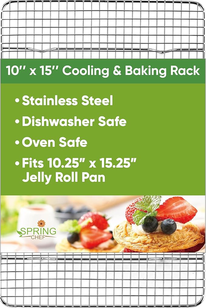 Spring Chef 10" x 15" Stainless Steel Cooling Rack for Cooking & Baking | Heavy Duty Cookie Cooling Rack for Kitchen, Oven Safe Wire Rack for Baking, Fits Jelly Roll Pan, Dishwasher Safe