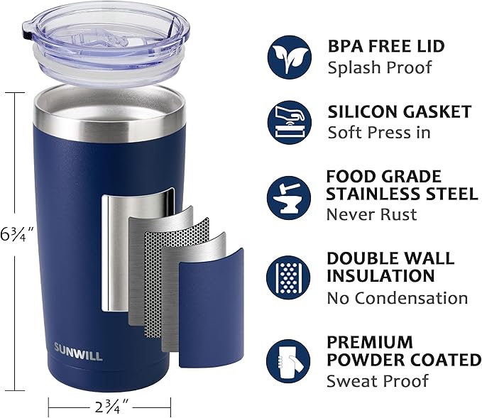 SUNWILL Travel Coffee Mug with Lid, 20 oz Tumbler Set of 2, Insulated Stainless Steel Cup for Water, Tea, Powder Coated Wine & Navy