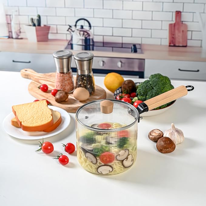 Le'raze Glass Cooking Pot with Lid - 2L(68oz) Heat Resistant Tempered Borosilicate Glass Cookware Stovetop Pot Set - Saucepan Simmer Pot with Cover Safe for Soup, Milk, and Baby Food.