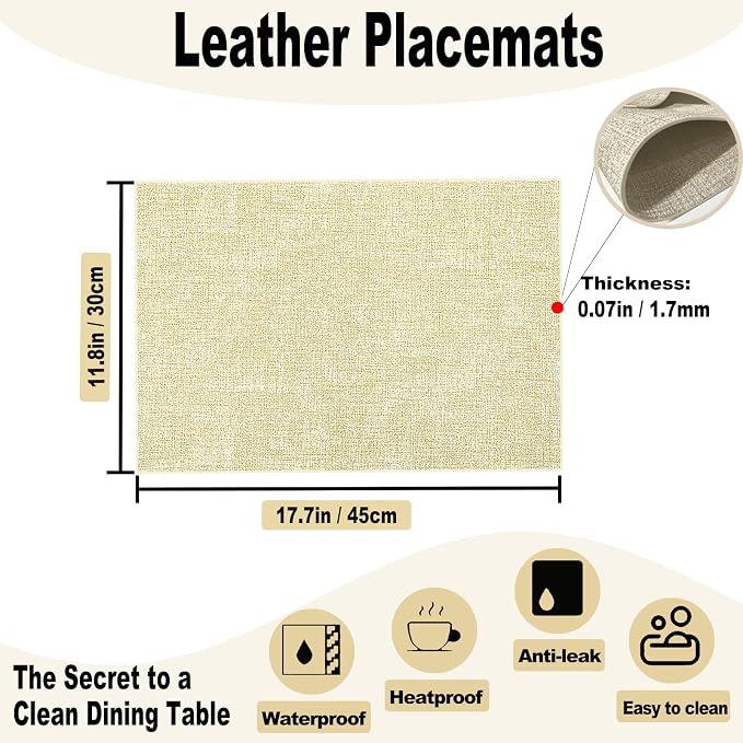 Faux Leather Placemats Set of 6, 11.8"x17.7", Off-White | Reversible Table Mats, Waterproof, Stain & Heat Resistant, Easy Clean for Dining, Gatherings, Outdoor